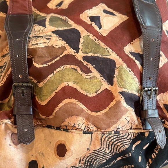 The Trading Company Brown Batik Print Cloth & Leather Backpack NWOT - Picture 4 of 14